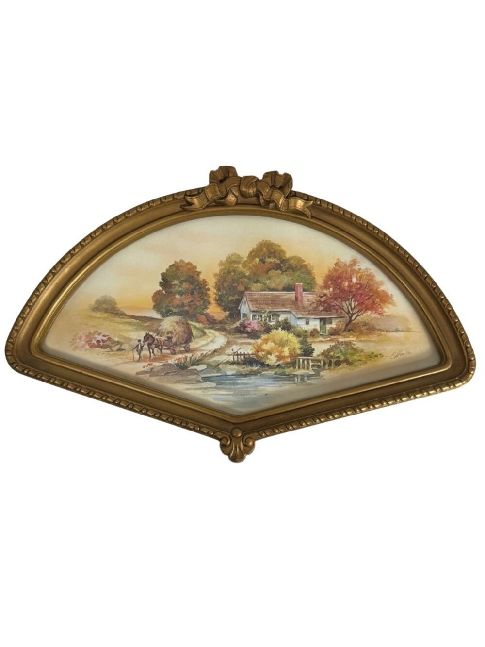Vintage 1980s Homco Fan Frame Fall Harvest Picture 16.25" Country Cottage Farm